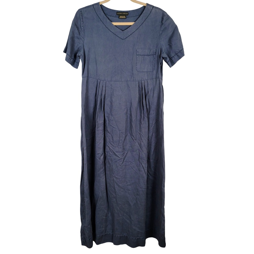 Laura Ashley Womens SZ 8 Linen Maxi Dress Blue V-Neck Cottagecore Lagenlook